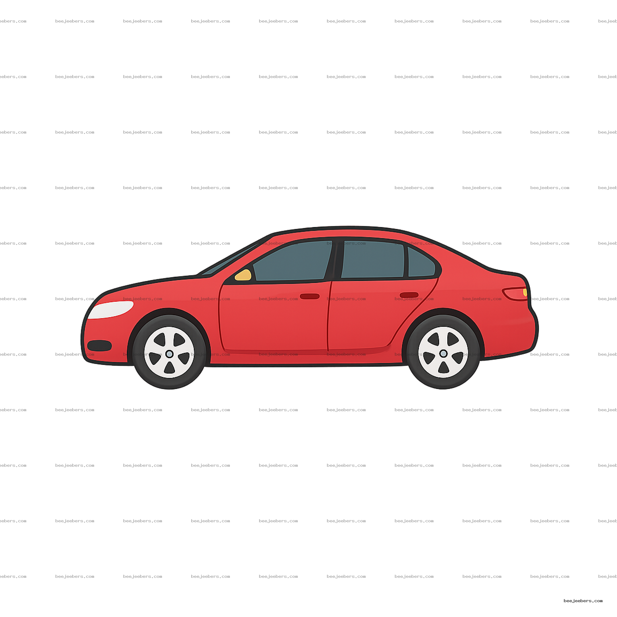 Clean red sedan car vector graphic, side view with transparent background
