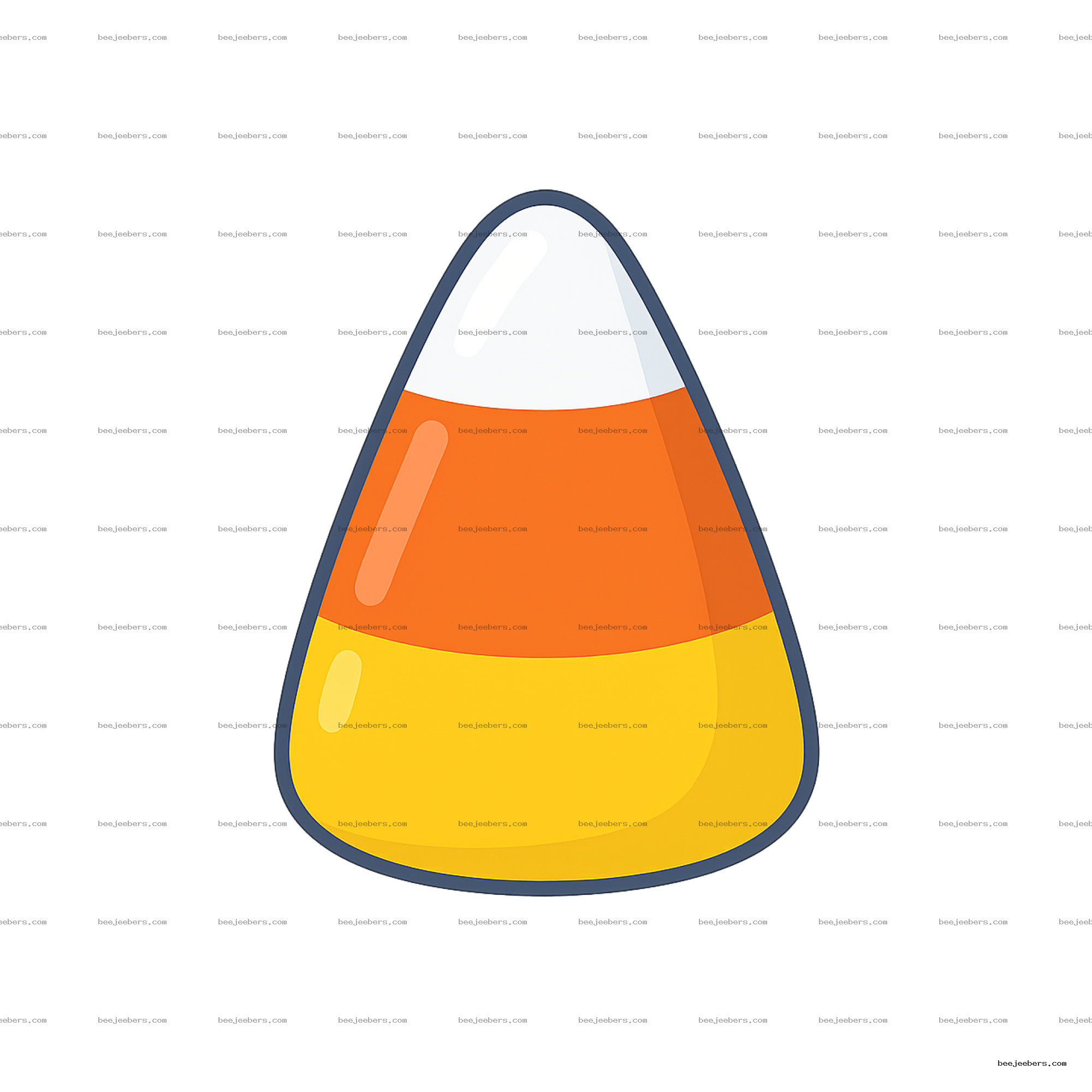 Clean vector candy corn PNG with white, orange and yellow sections on transparent background