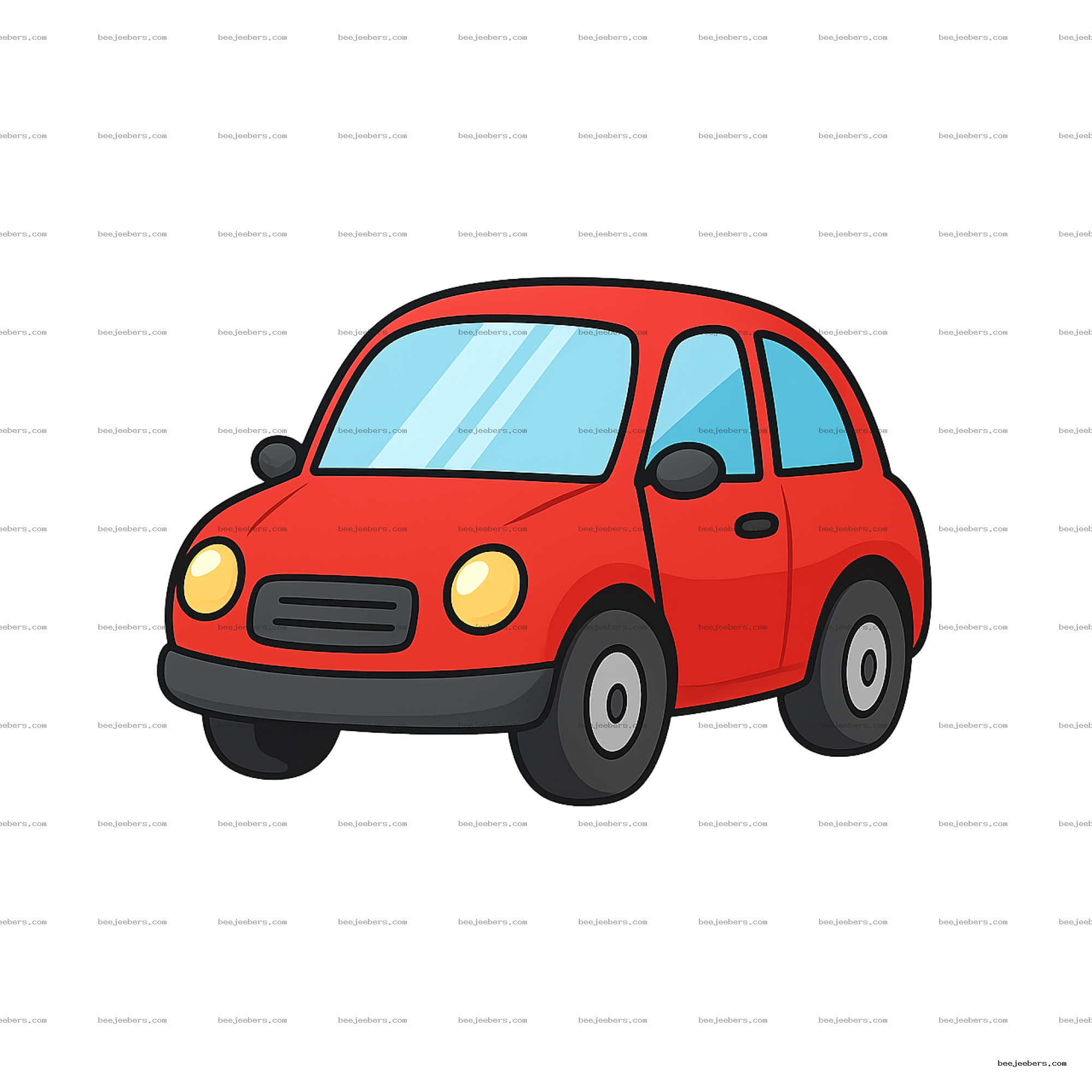 Red cartoon car with rounded shape and yellow headlights on transparent background