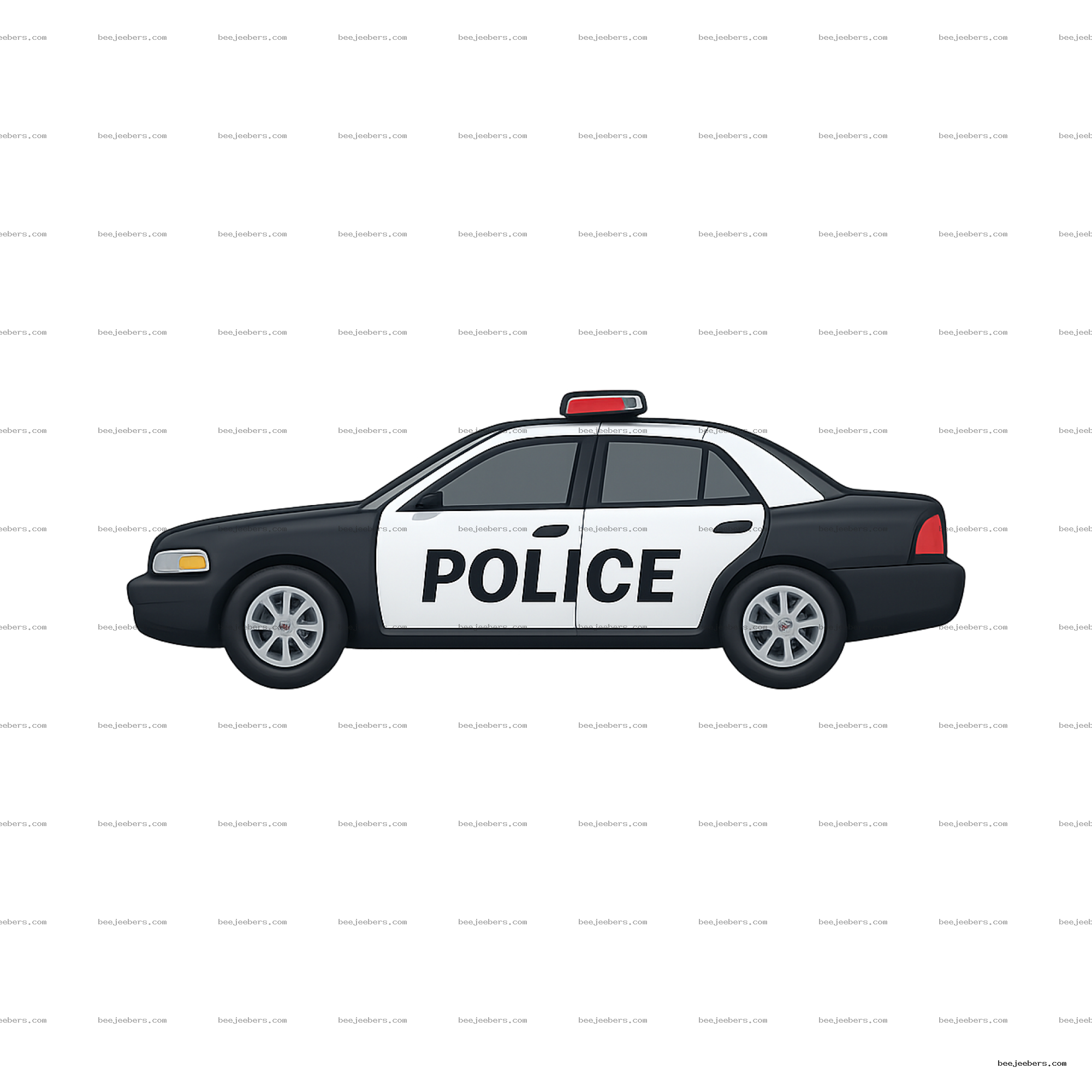 Clean vector illustration of a black and white police car with red light bar on a transparent background