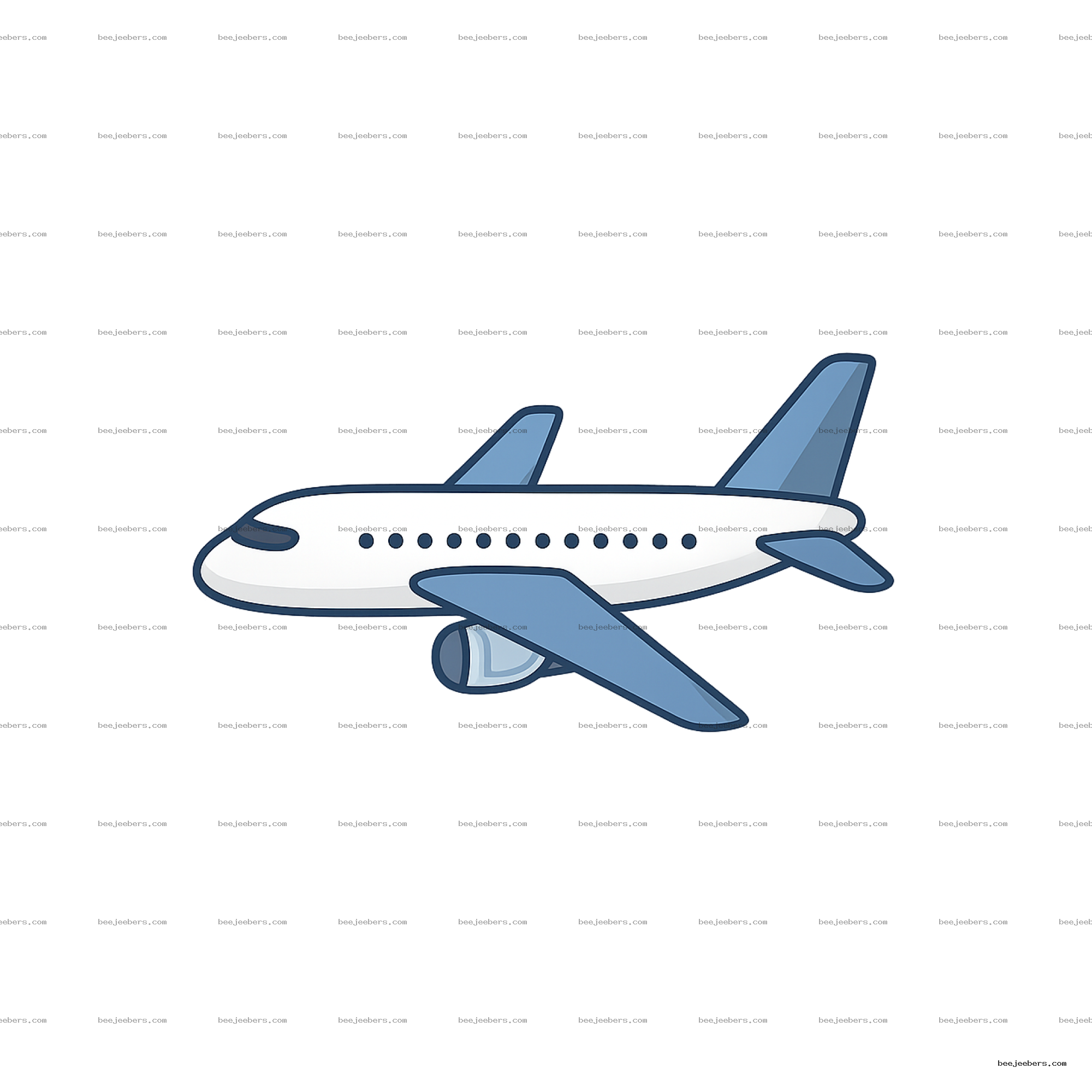 Clean vector illustration of a white passenger airplane with blue wings and tail on transparent background