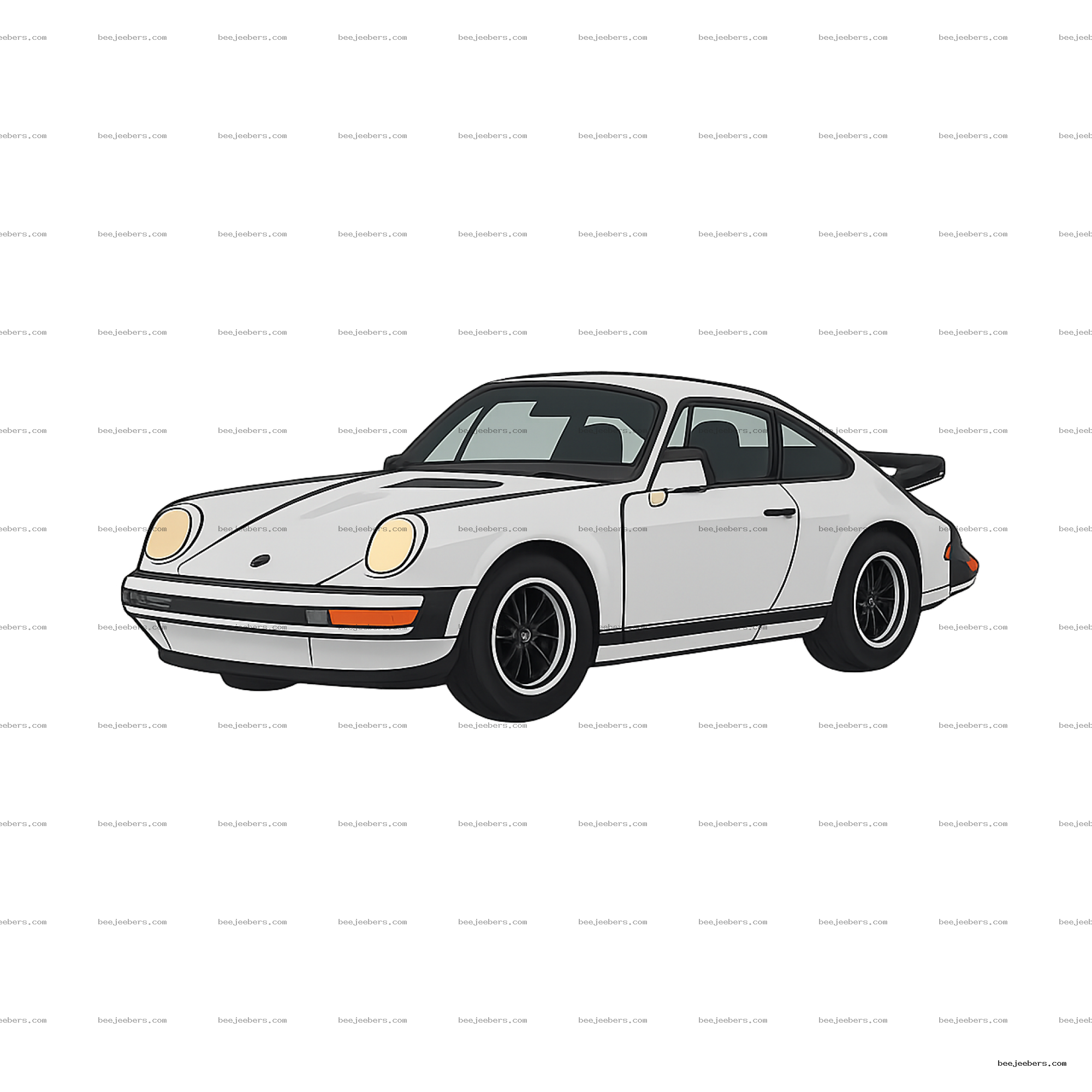 Clean vector PNG of white classic sports car with black details on transparent background