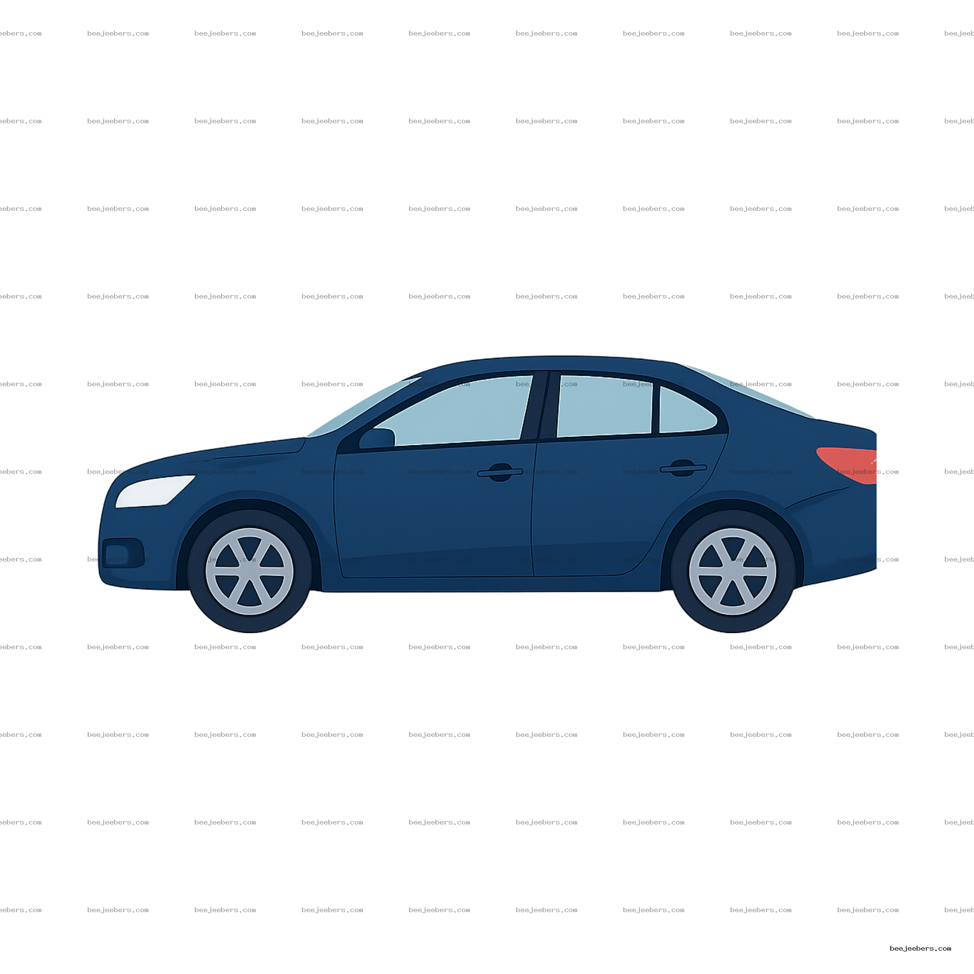 Blue sedan car side profile vector illustration with transparent background