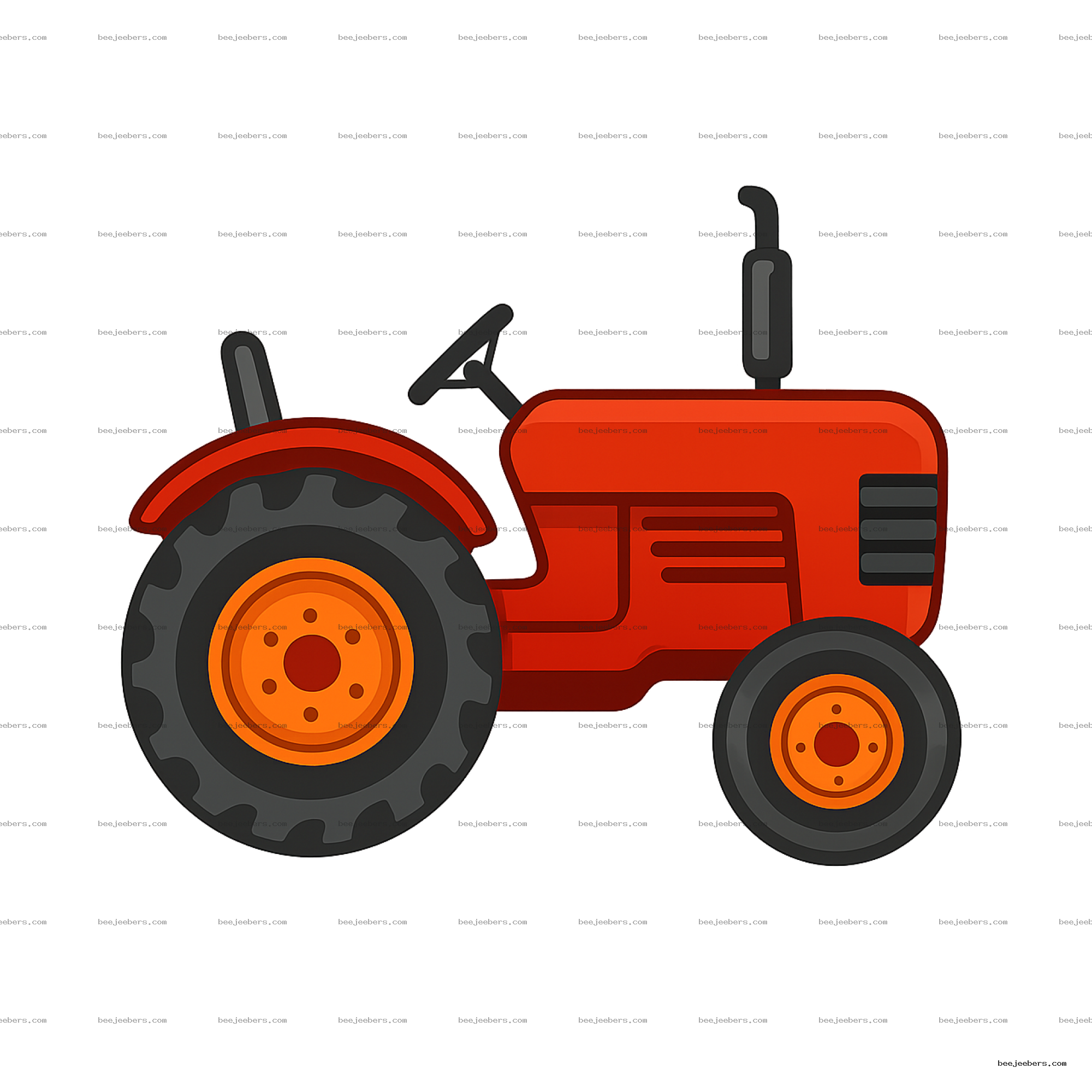 Clean vector red tractor with large black and orange wheels in side view PNG