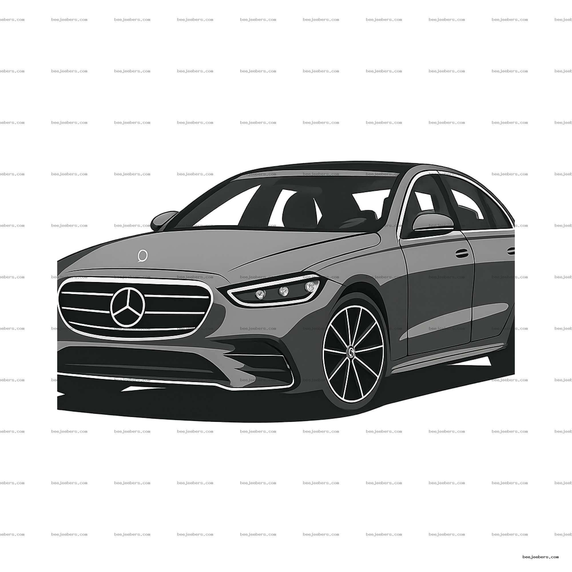 Vector illustration of a luxury sedan car front and side view in silver on transparent background