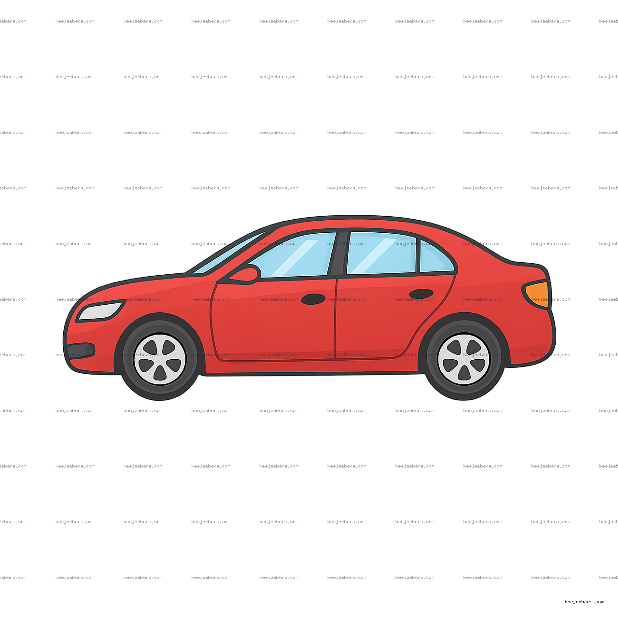 Clean vector illustration of a red sedan car side view with transparent background