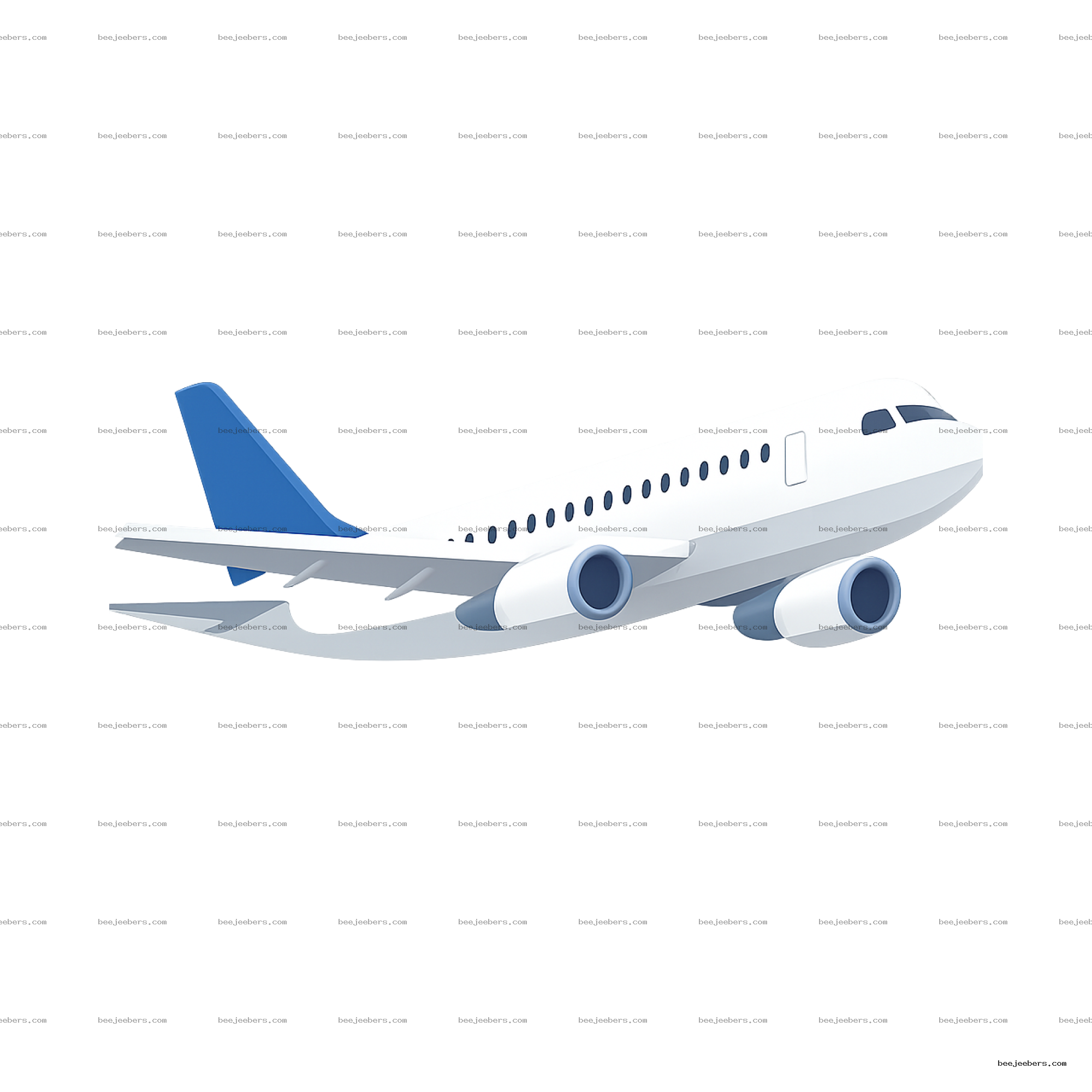 Clean vector illustration of a white commercial airplane flying with blue tail and engines on transparent background