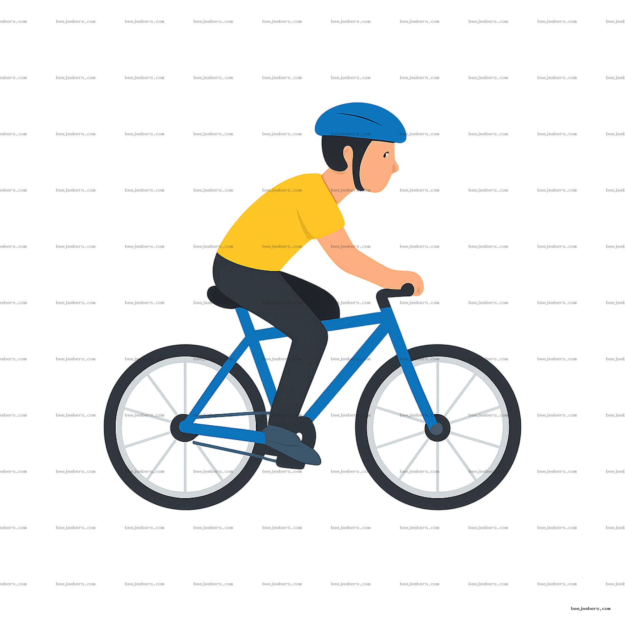 Vector illustration of person in blue helmet riding a blue bicycle, wearing yellow shirt, transparent background