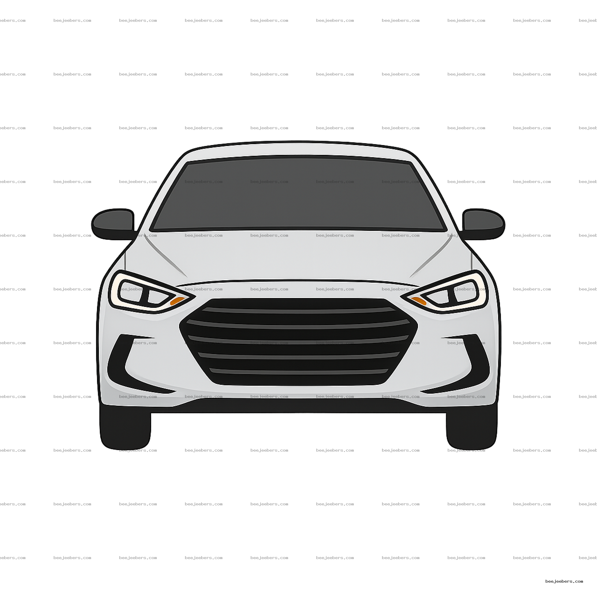 Clean vector PNG illustration of a modern white car viewed from the front with clear headlights and grille