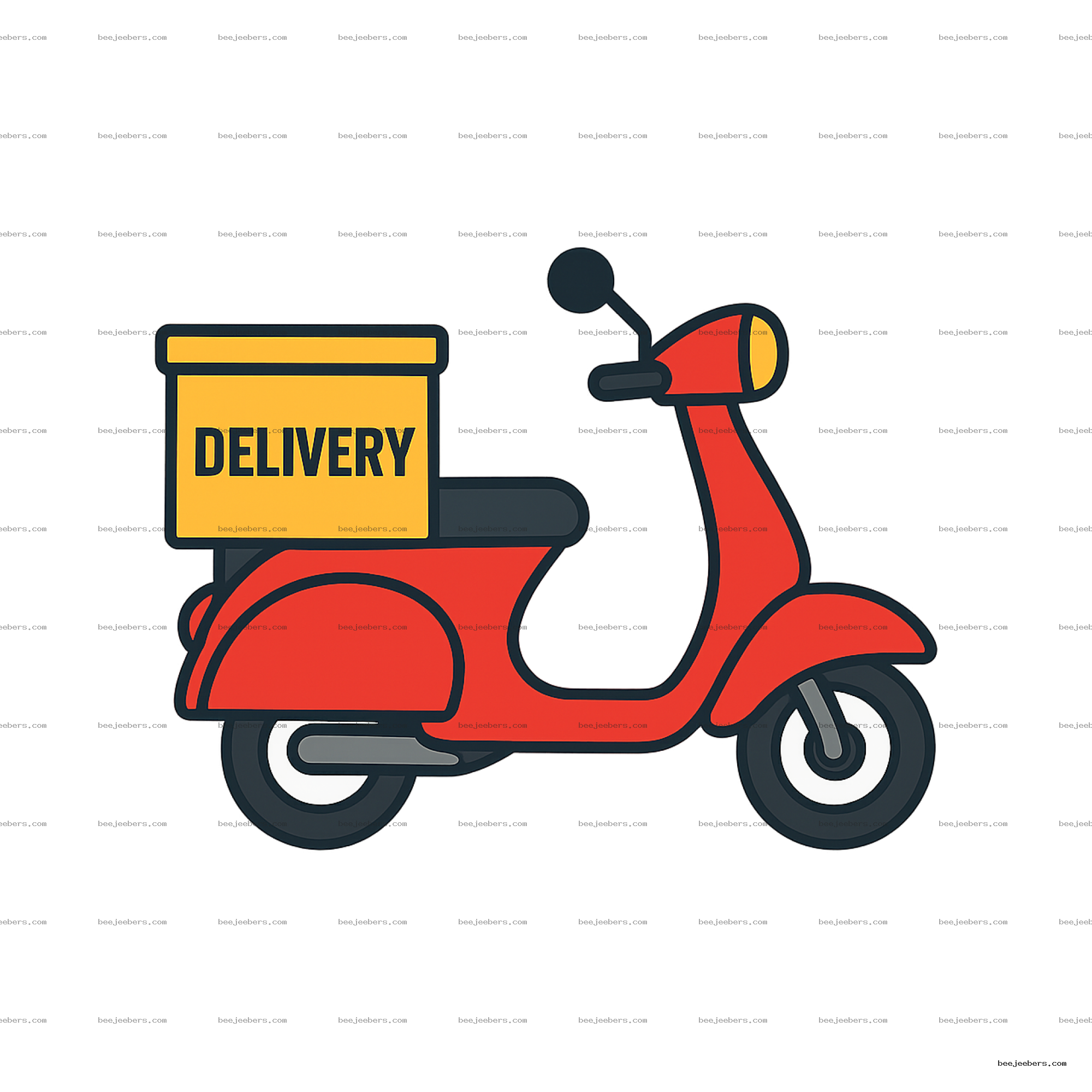 Clean vector PNG of red delivery scooter with yellow delivery box on transparent background