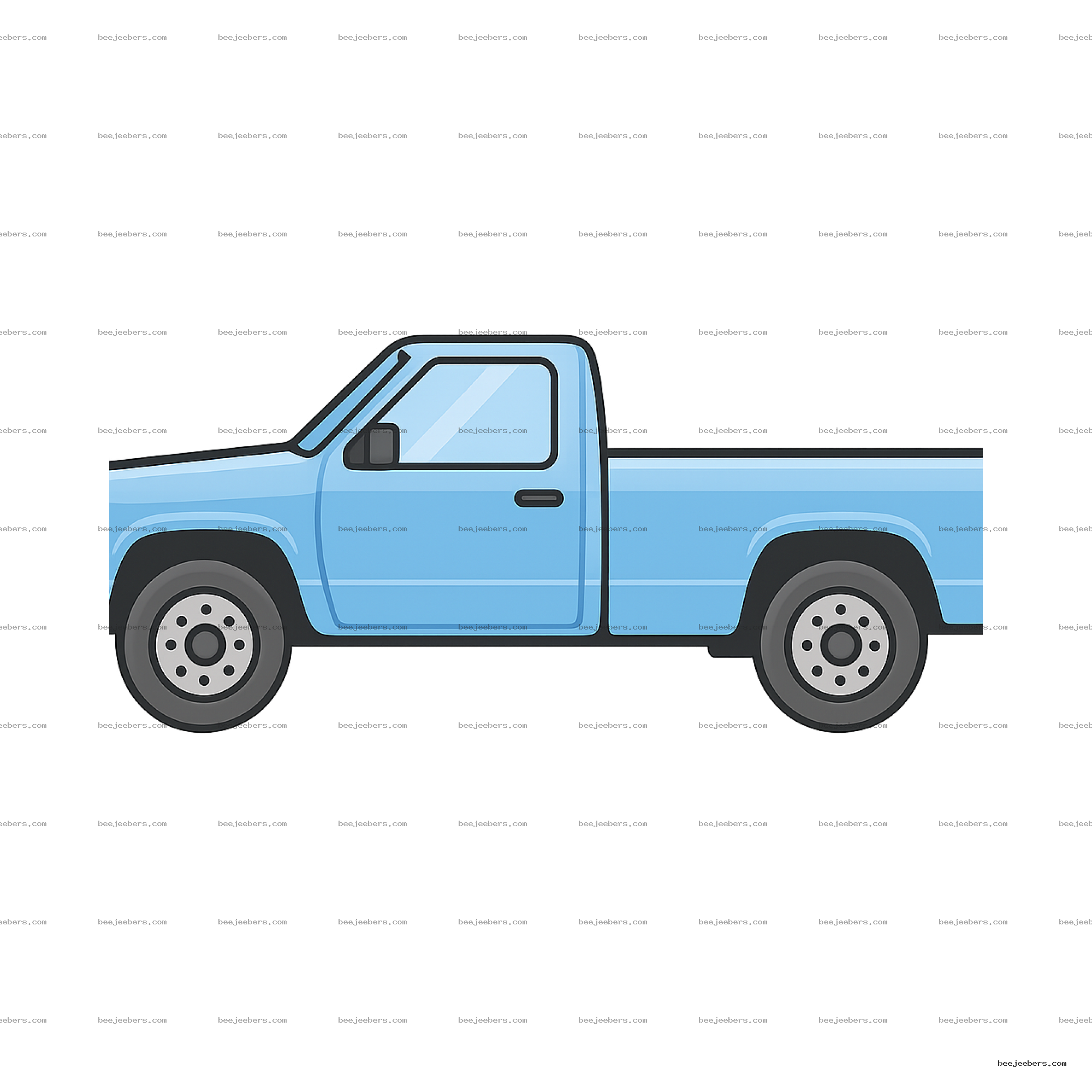 Clean vector illustration of a light blue pickup truck side view with transparent background