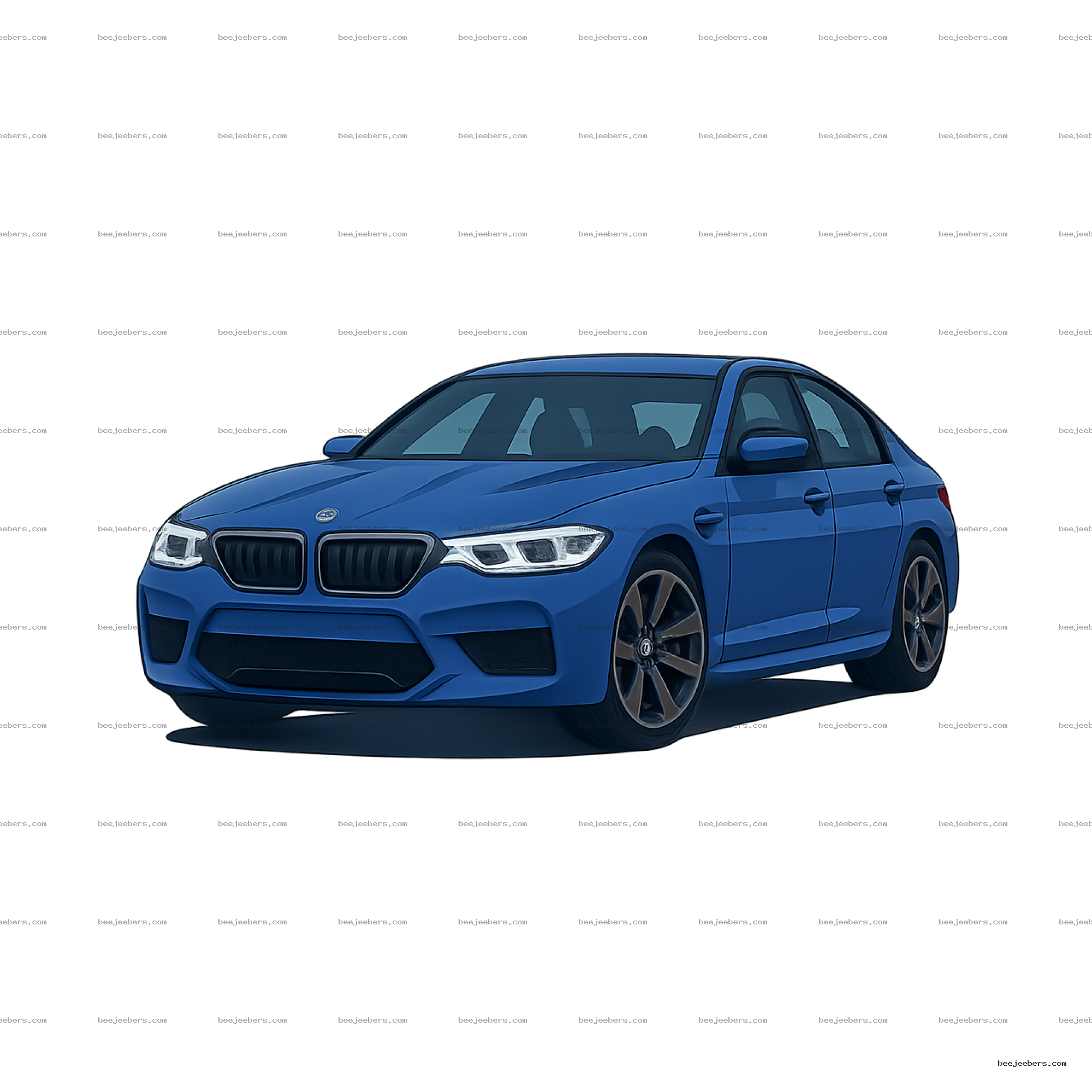 Vector illustration of a blue sports sedan car in angled side-front view with transparent background