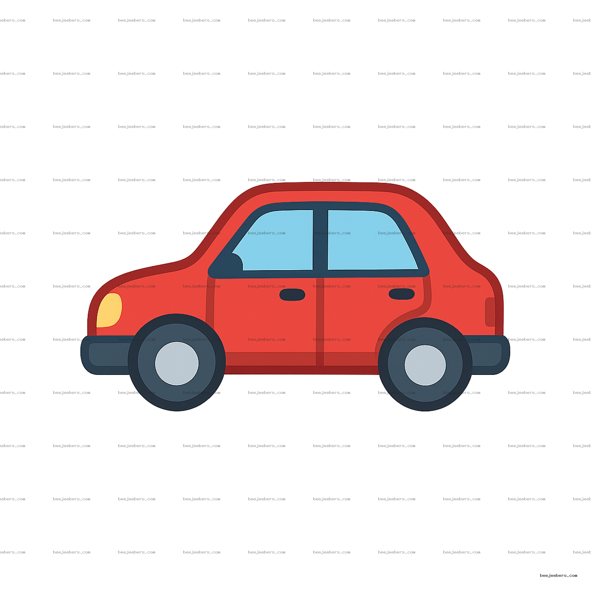 Red cartoon car emoji vector with blue windows and transparent background