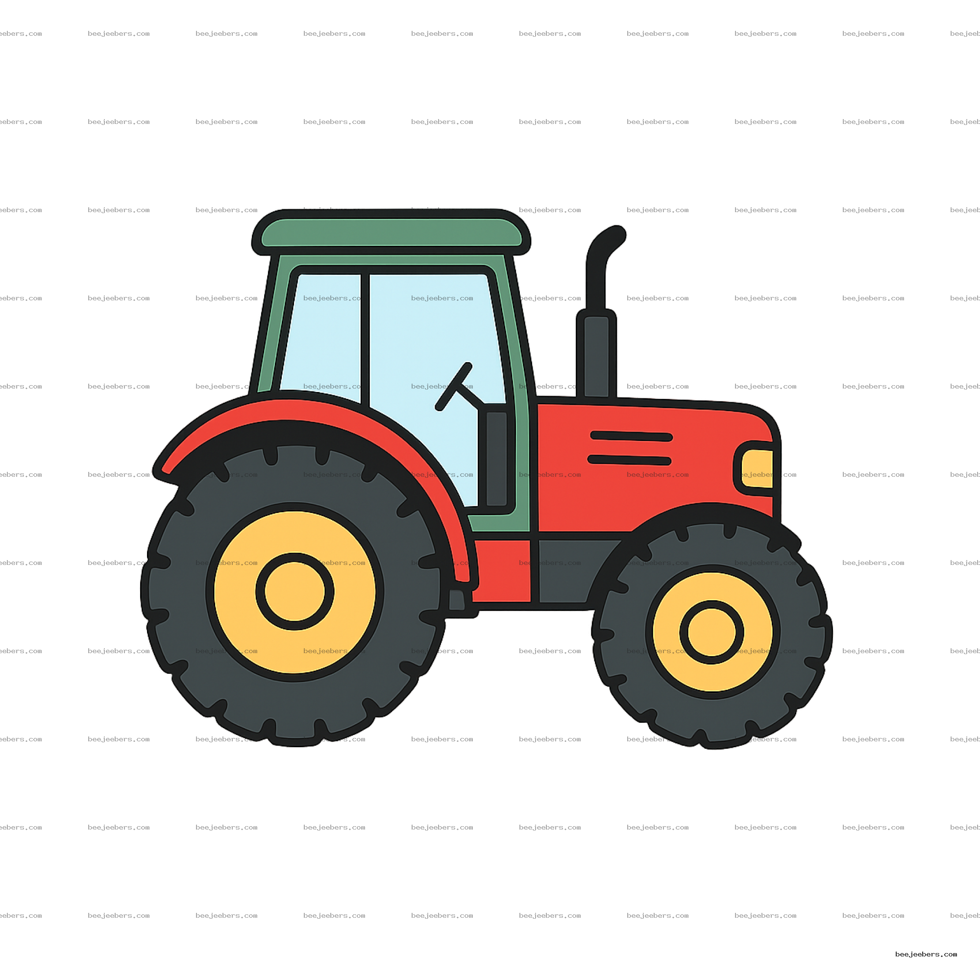 Clean vector illustration of a red and green tractor side view with transparent background