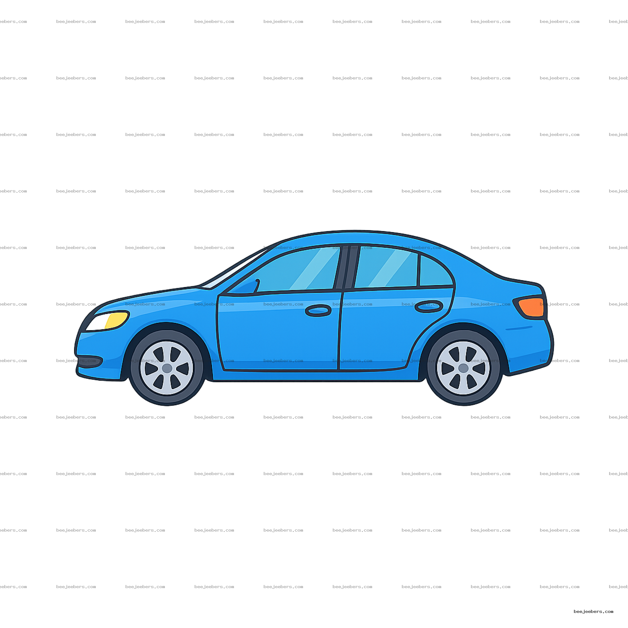 Clean vector illustration of a blue sedan car side view with transparent background