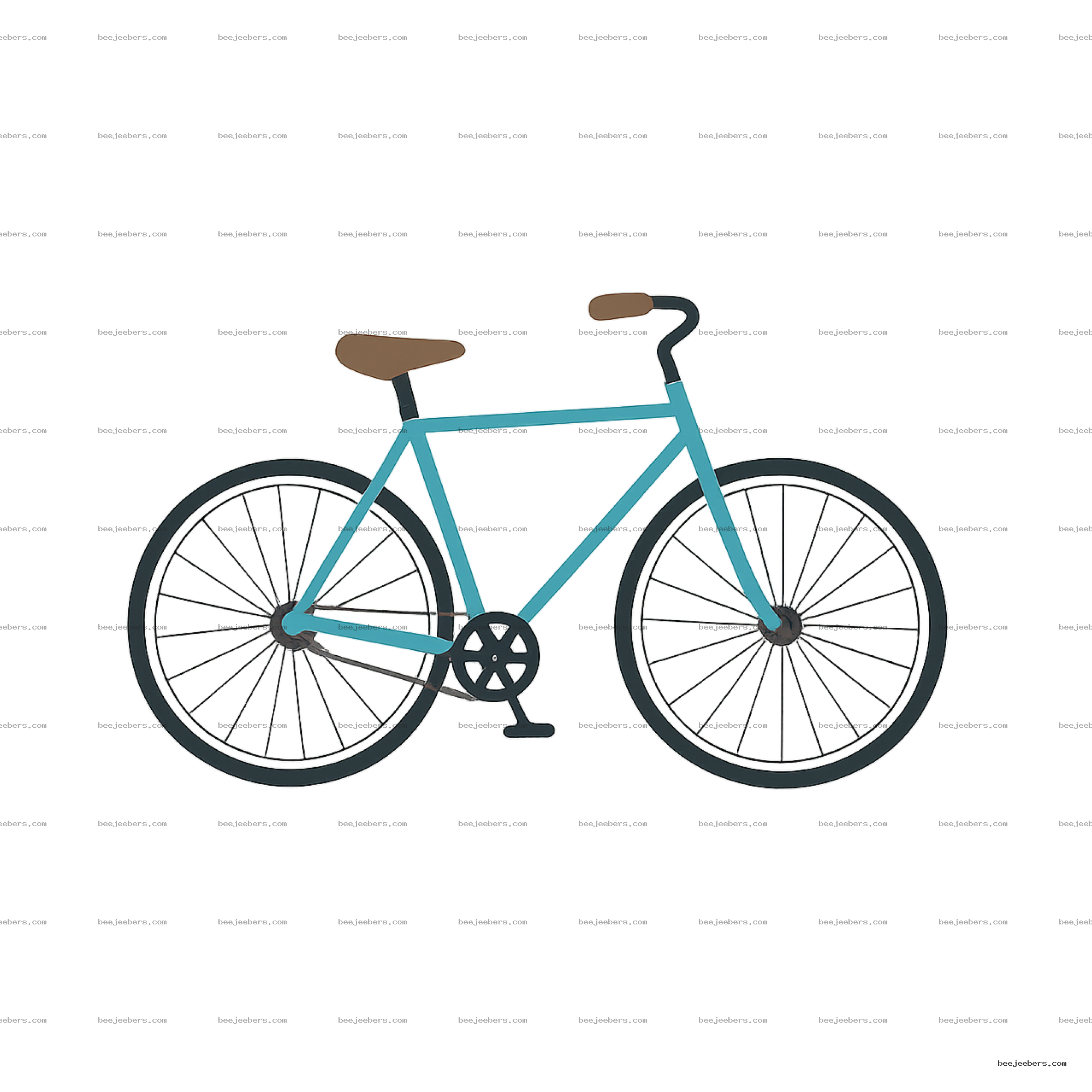 Clean vector illustration of a blue bicycle with black wheels and brown handlebars on transparent background