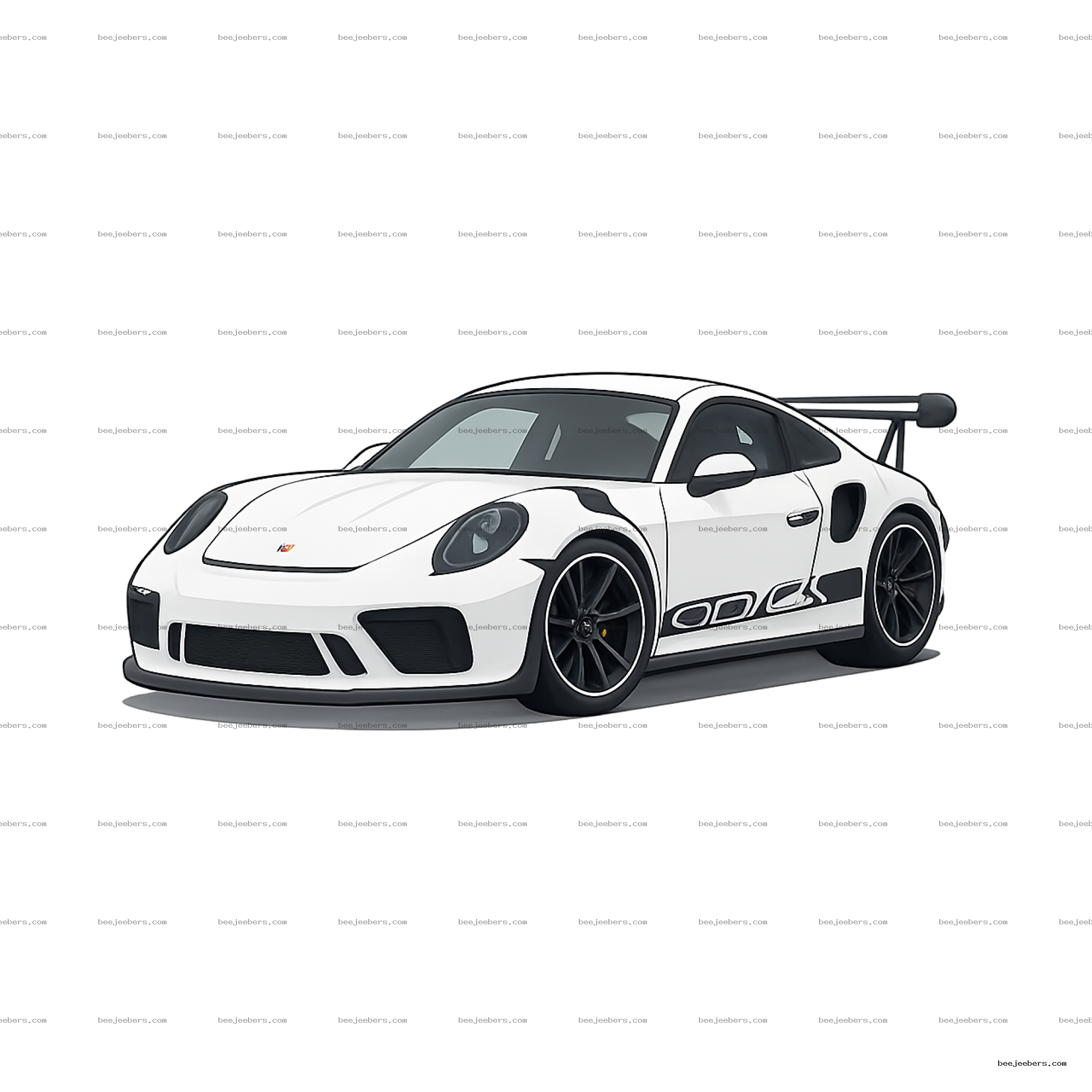 Clean vector PNG illustration of a white Porsche GT3 RS sports car with black accents and rear wing on transparent background