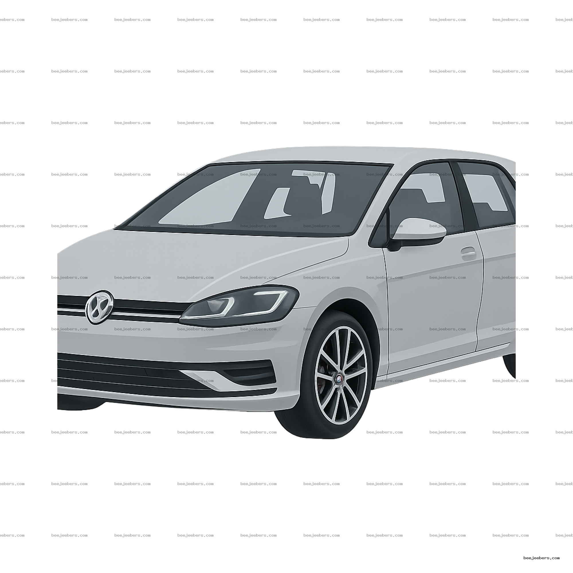 Vector illustration of a silver Volkswagen Golf car in side-front view with transparent background