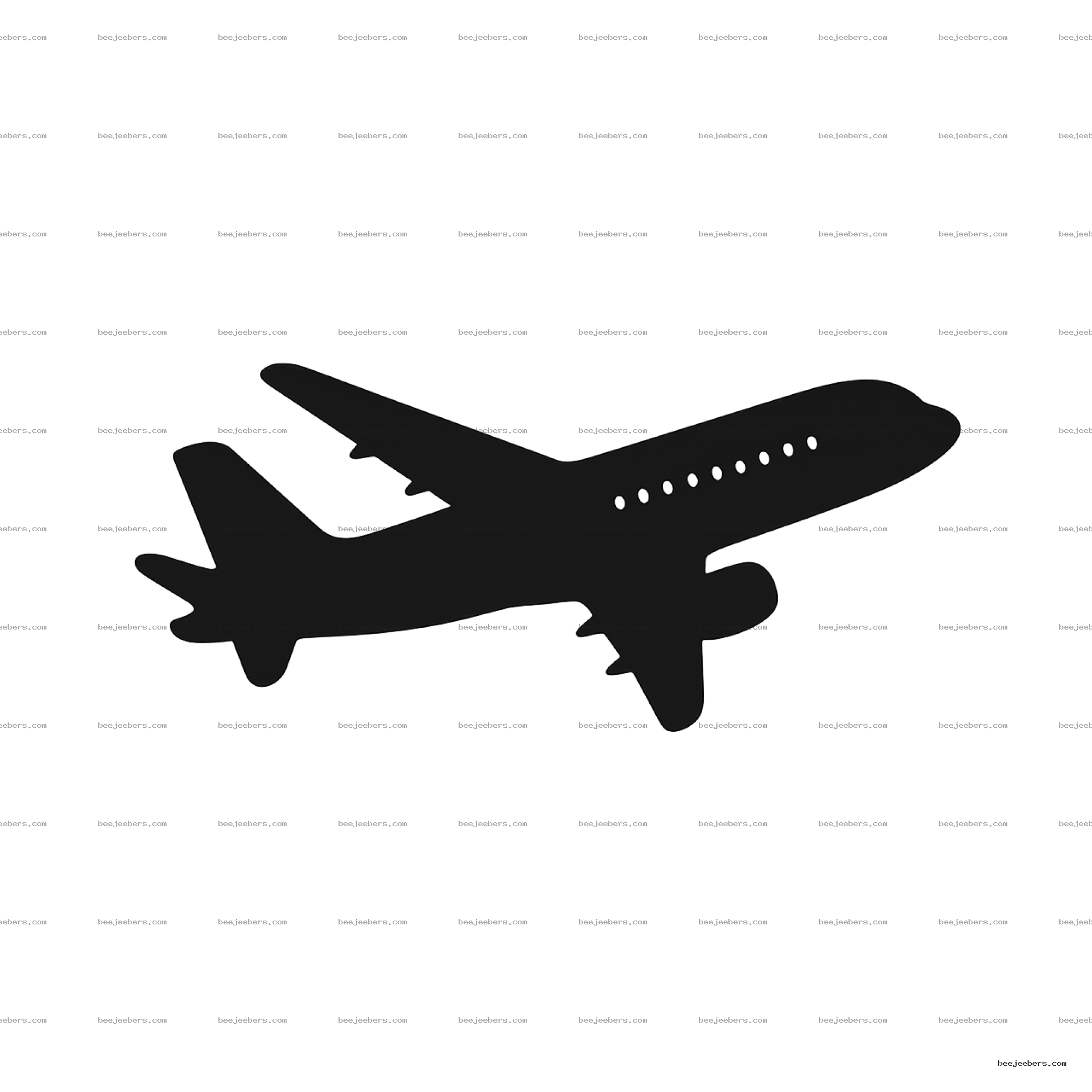 Black silhouette of a commercial airplane with windows and wings on transparent background
