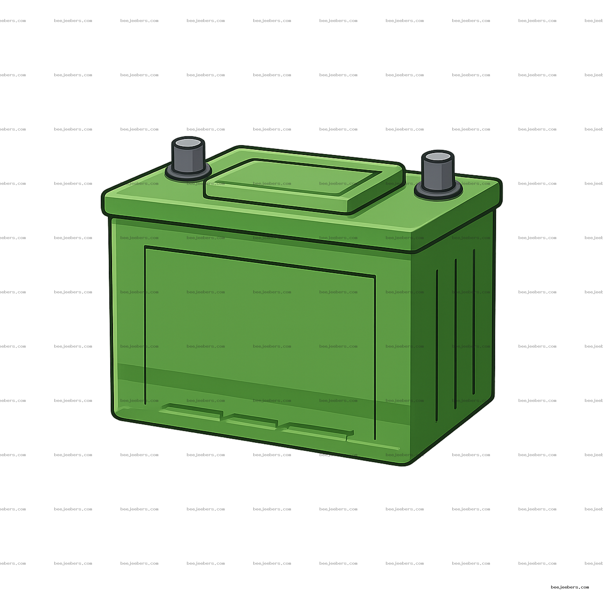 Green car battery vector illustration with terminals on a transparent background