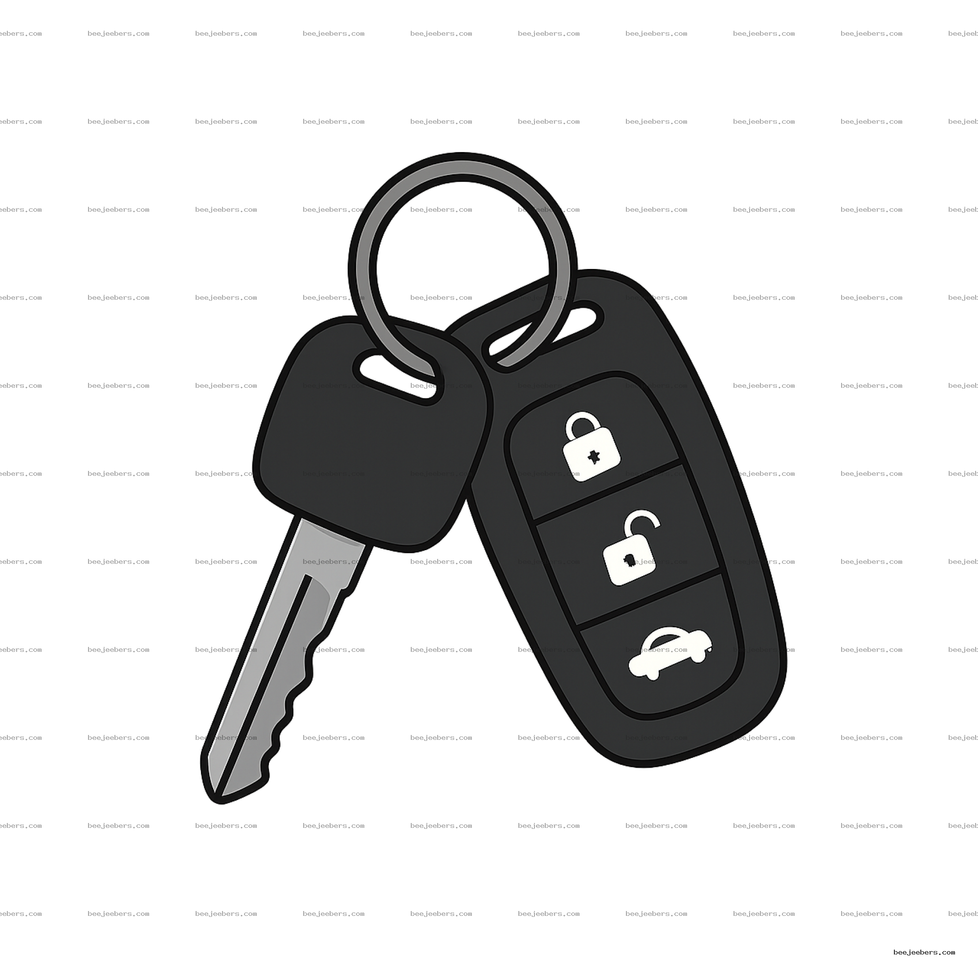 Vector clip art showing two black car keys, one with remote buttons and icons on a silver keyring